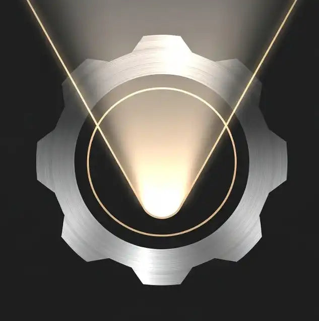 Modern abstrakt symbol för pre-owned premium stage gear med ljusstråle och metallisk kugge